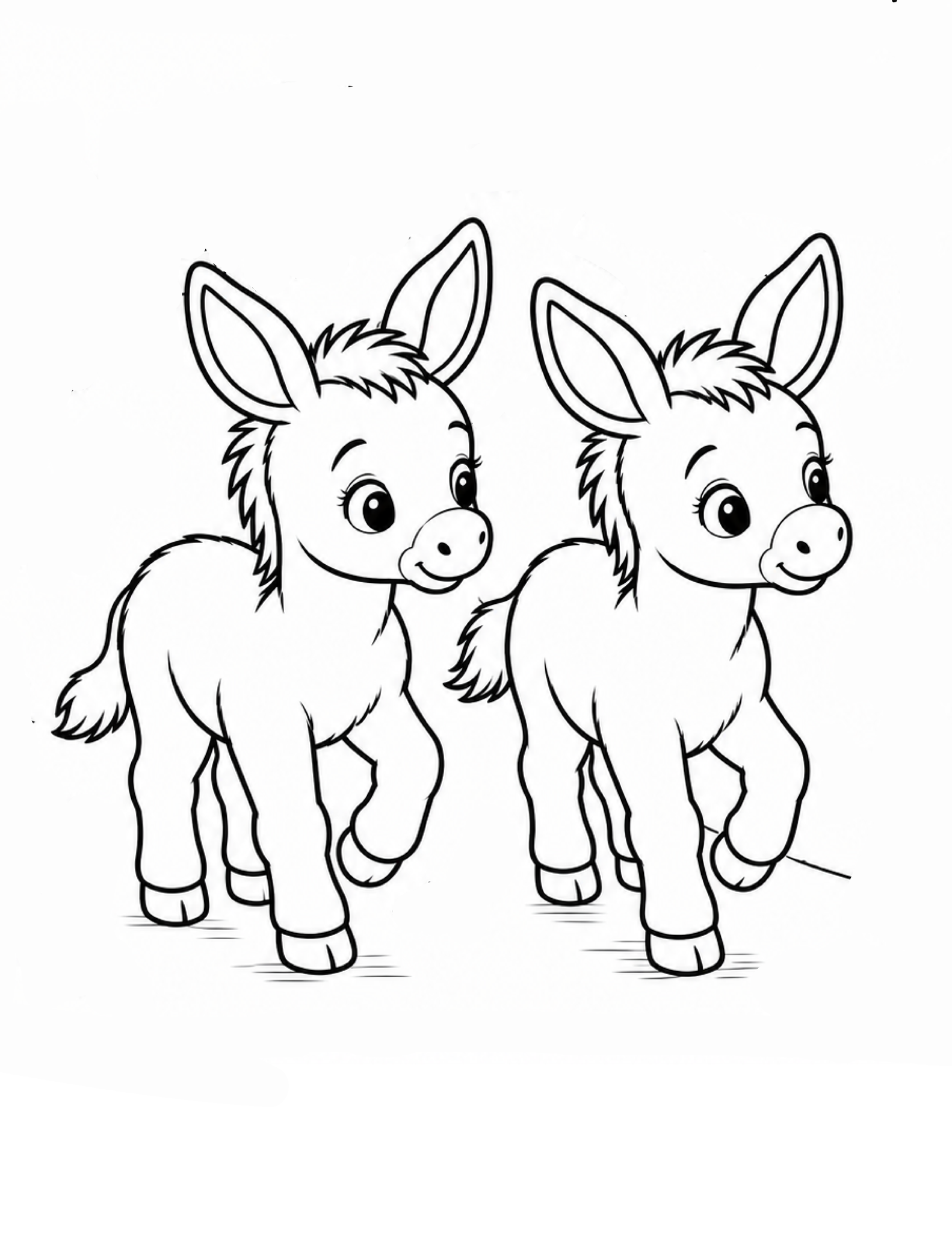 Two cheerful young donkeys stand side by side with long ears and friendly faces.