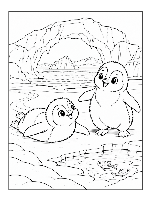 Free printable winter penguins playing on ice coloring page