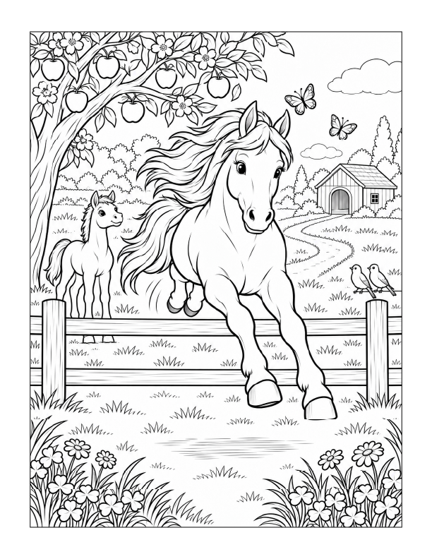 Free printable young horse leaping over a fence coloring page with a flowing mane, apple trees, wildflowers, butterflies, a farmhouse, and a windmill