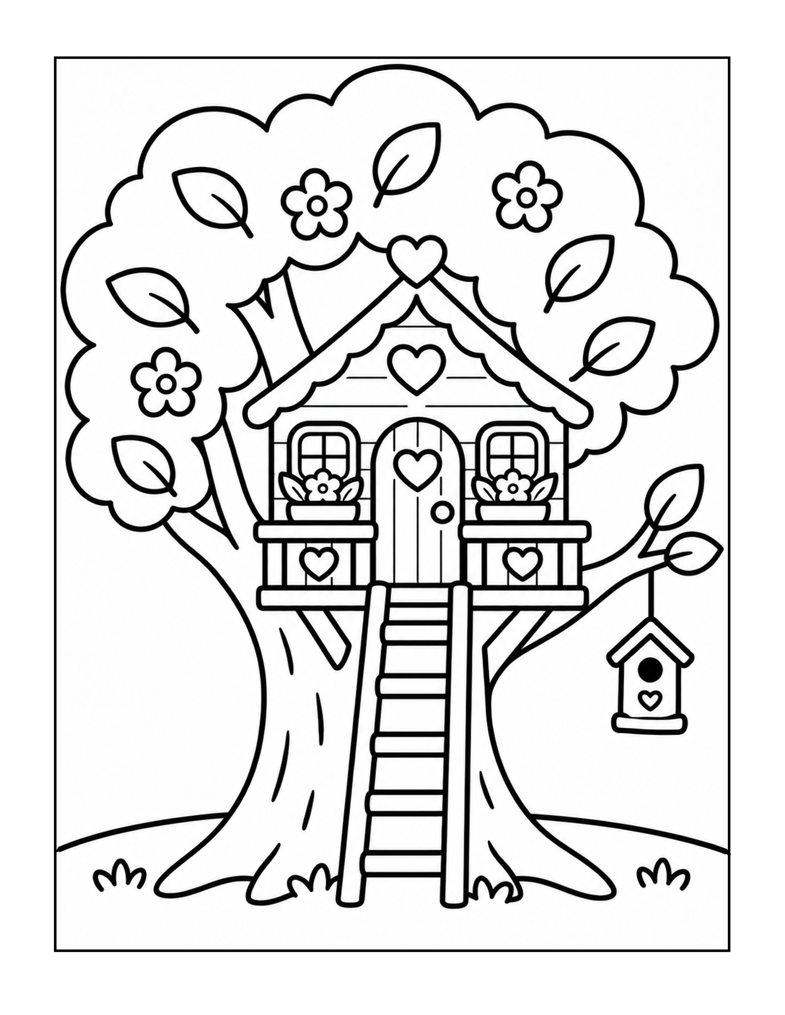 A little treehouse sits in a broad leafy tree with a ladder and heart-shaped opening.