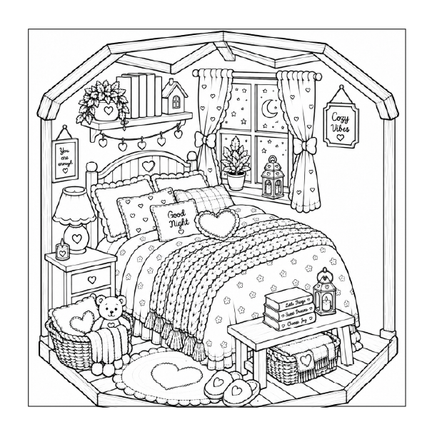 Free printable cozy dollhouse bedroom coloring page