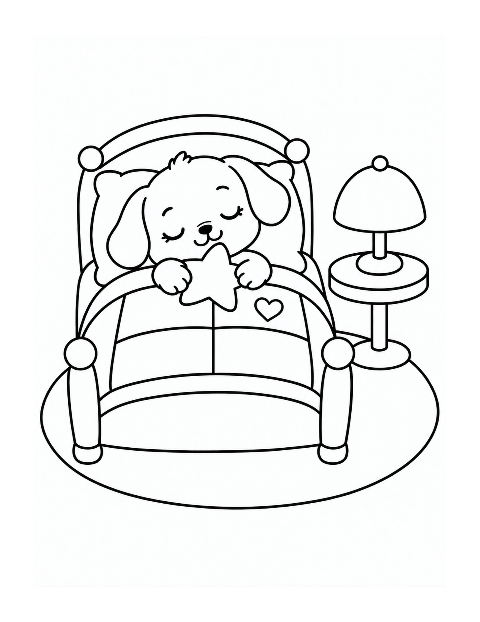 A sleepy puppy rests in a cushioned chair beside a little lamp.