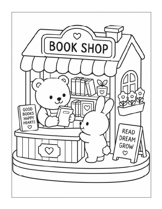 Free printable bear and bunny bookshop coloring page