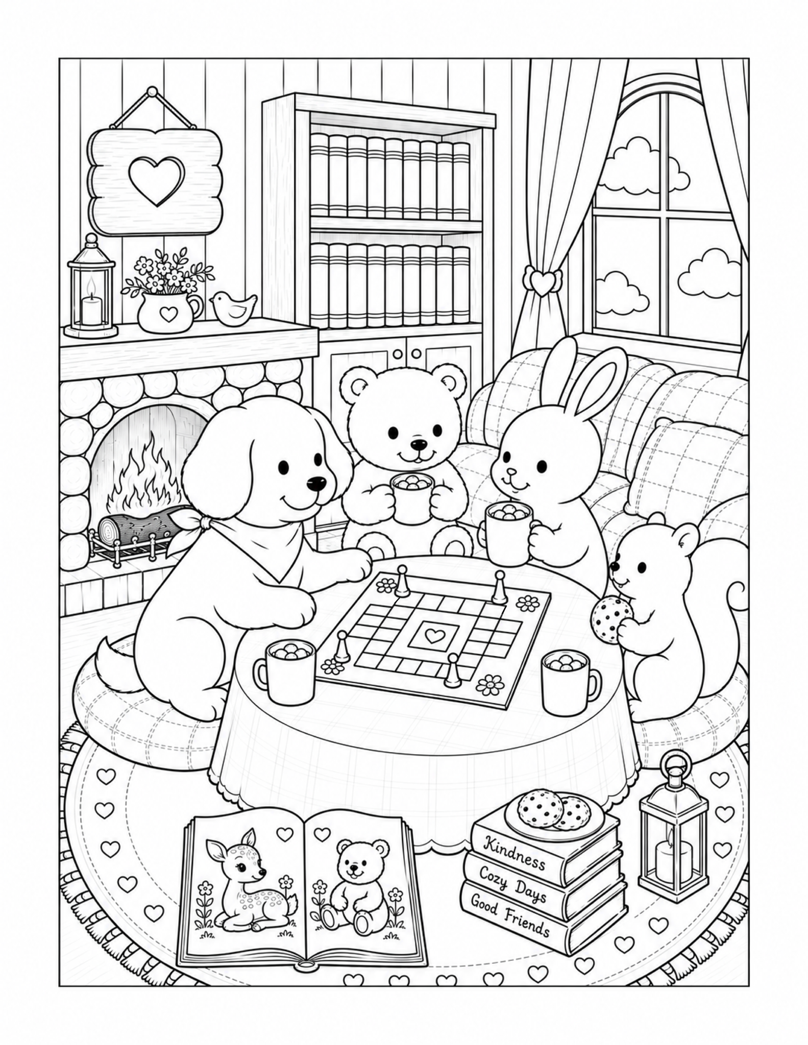 Free printable cozy animal friends game night coloring page