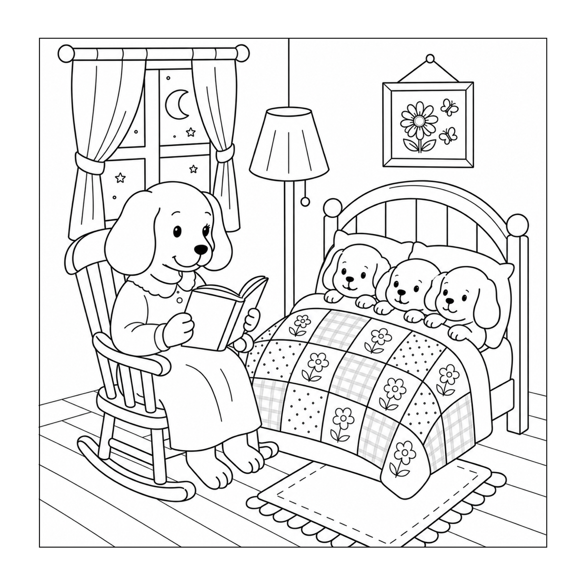 Free printable cozy puppy bedtime coloring page