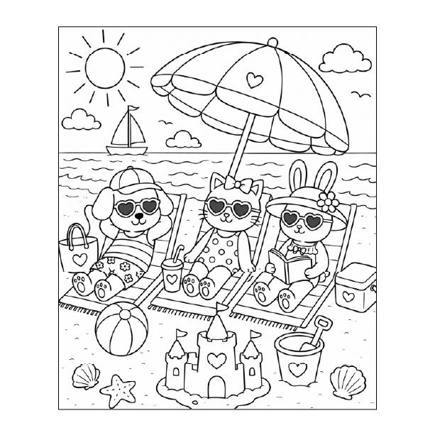 Free printable cute animal beach day coloring page