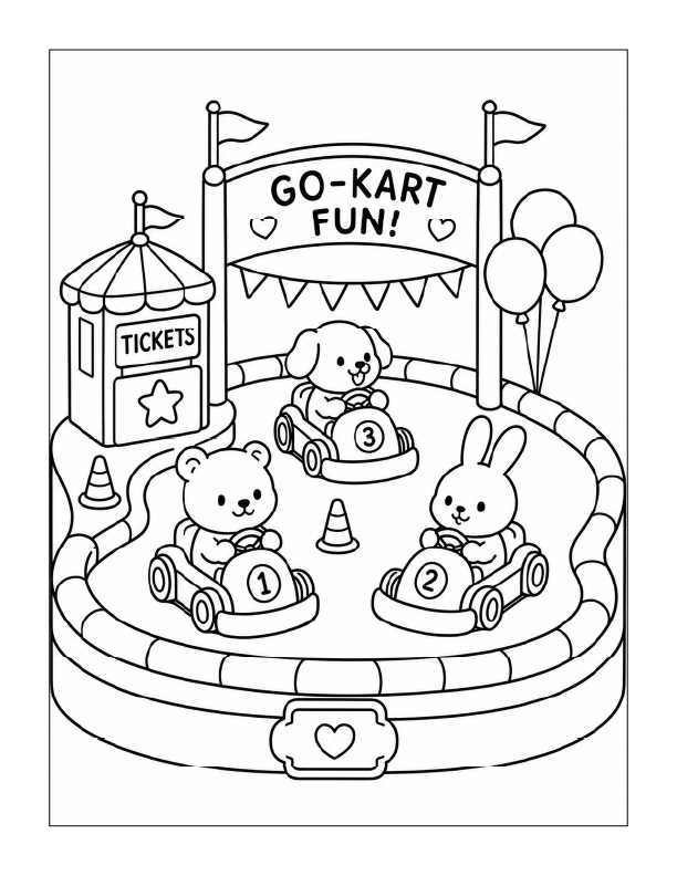 Free printable go-kart carnival fun coloring page