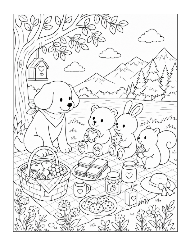 Free printable whimsical lakeside animal picnic coloring page