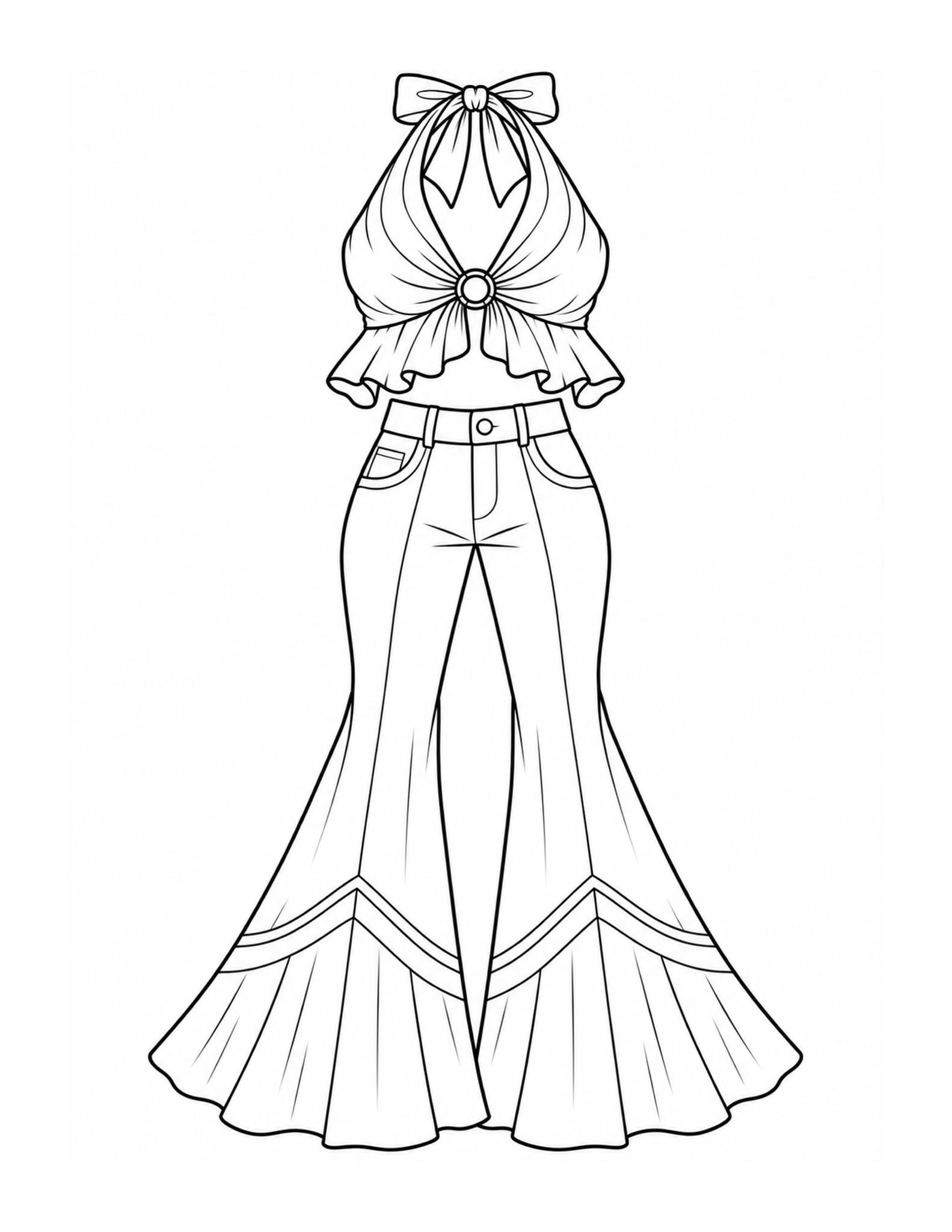 Free printable 1970s halter top with bow and dramatic flared bell-bottom pants coloring page