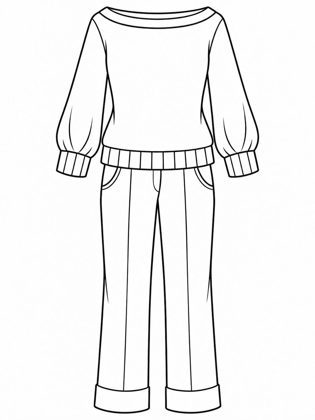 A simple boat-neck sweater is paired with relaxed pants.