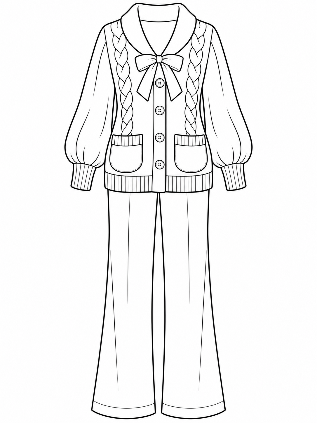 A bow-front cardigan is paired with straight-leg pants in this cozy outfit coloring page.