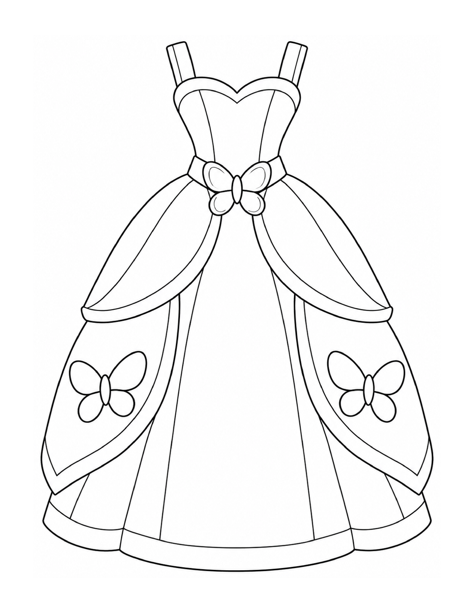 A princess gown with slim straps, layered drapes, and butterfly accents.