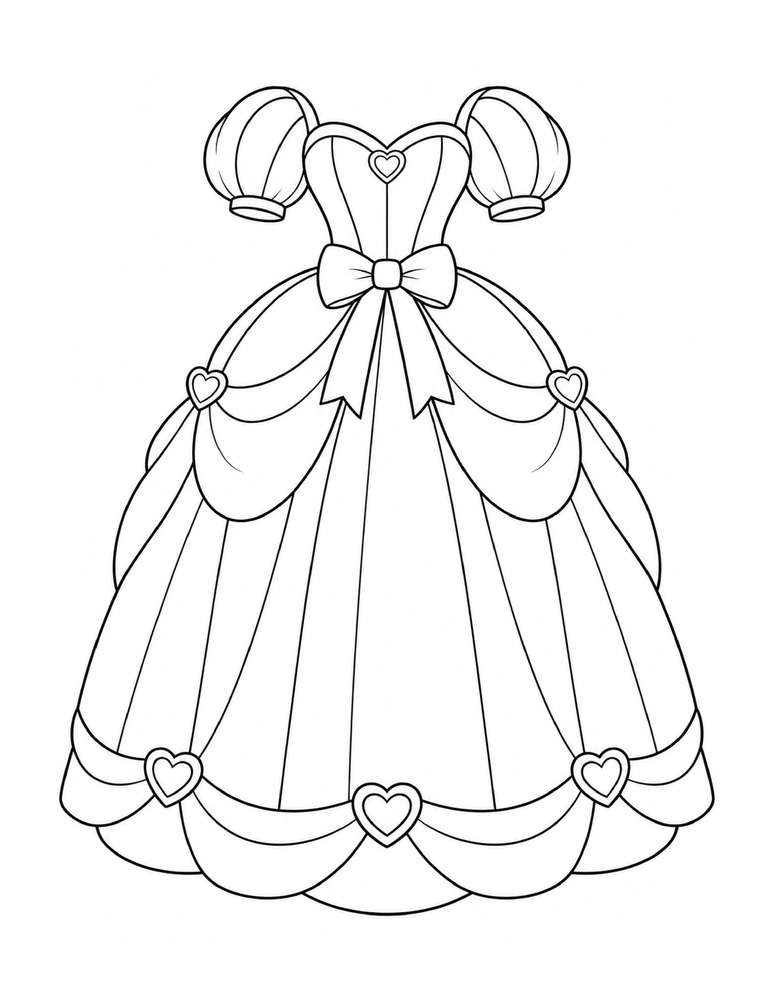 A princess dress with heart-shaped jewels, rounded sleeves, and a draped skirt.