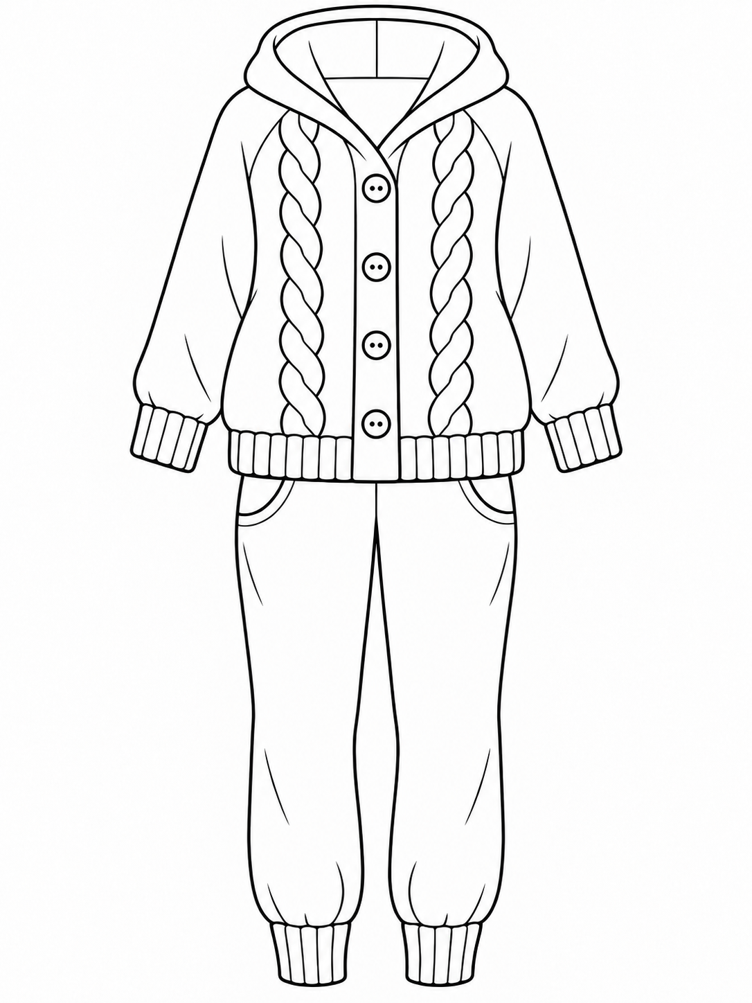 A hooded cable-knit cardigan is paired with cuffed joggers.