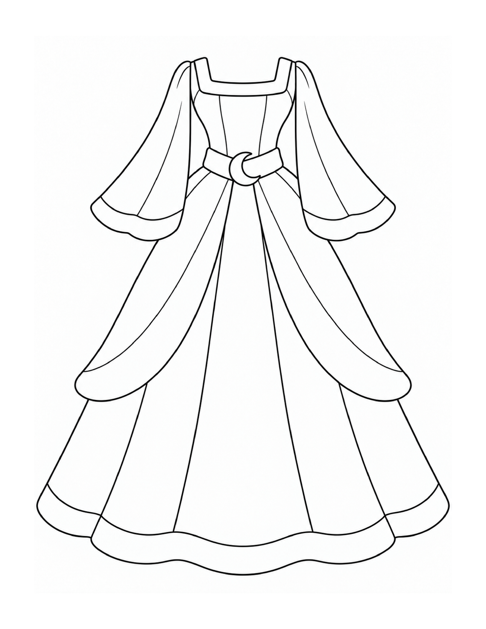 A princess gown with flowing bell sleeves, long skirt panels, and a crescent at the waist.