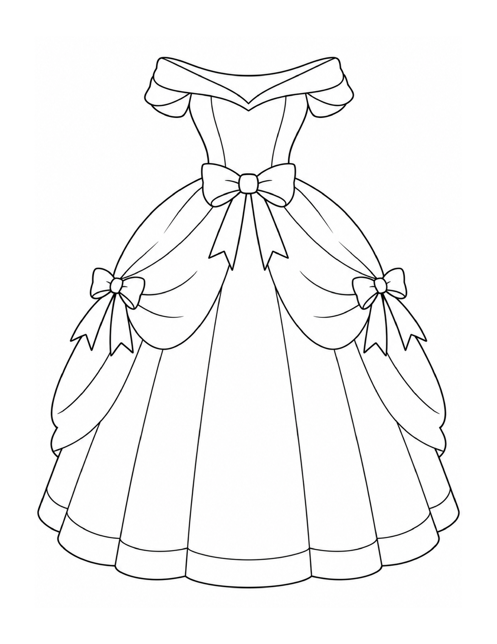 A princess ball gown with an off-the-shoulder neckline, broad drapes, and ribbon bows.
