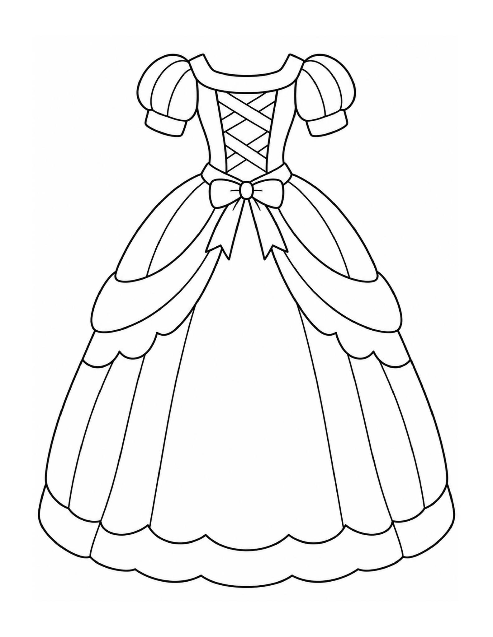 A princess dress with a ribbon-laced bodice, waist bow, and gathered skirt.
