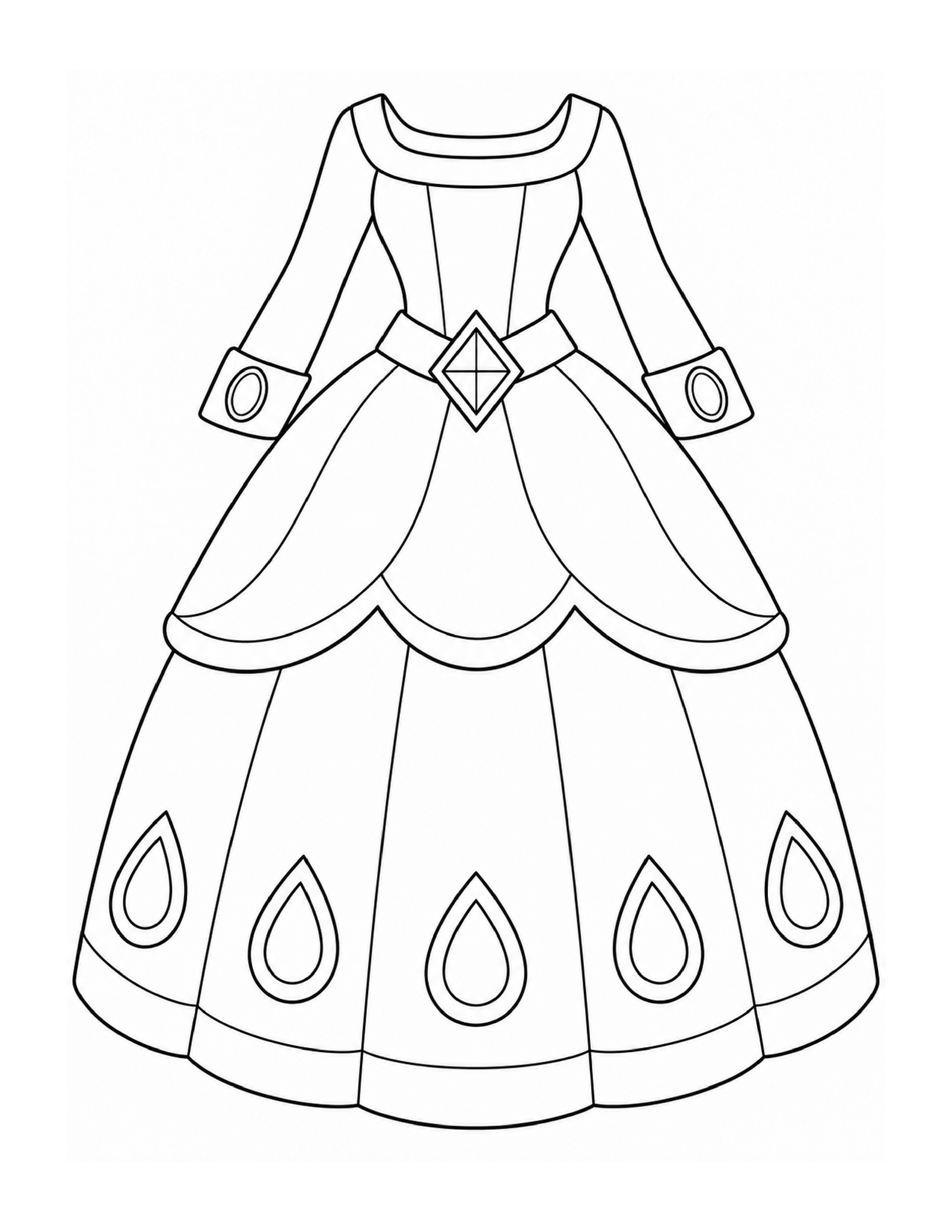 A princess gown with long sleeves, rounded side drapes, and teardrop jewel motifs.
