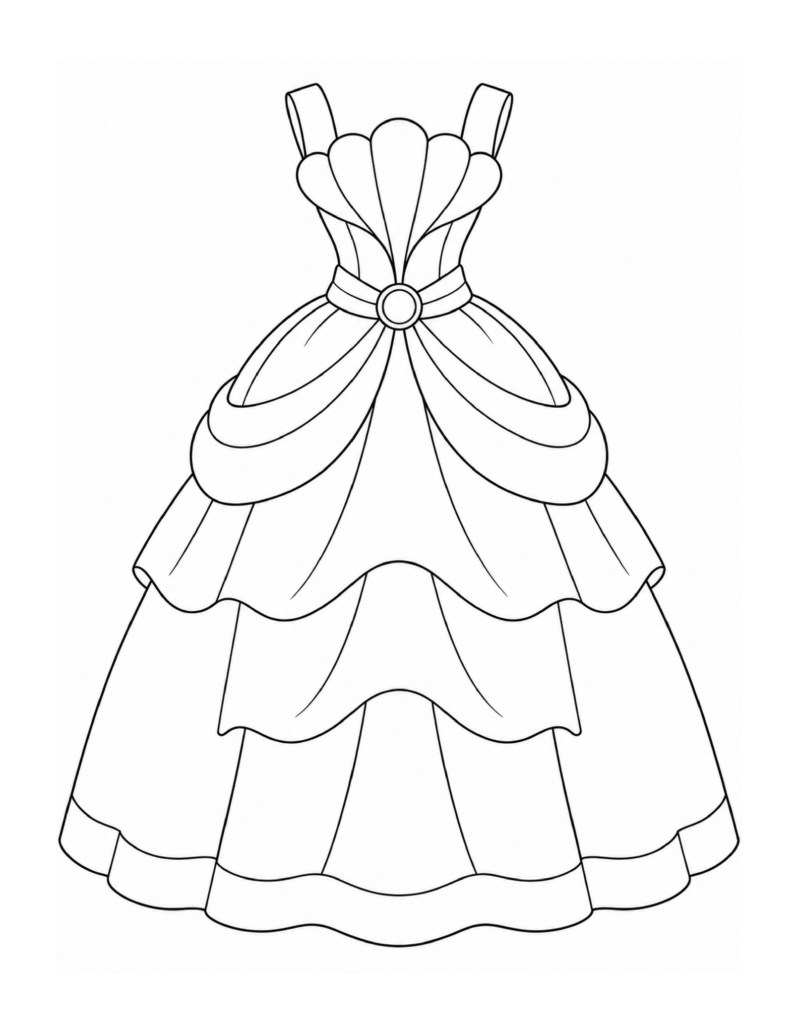 A princess dress with a seashell-shaped neckline and a simple layered skirt.