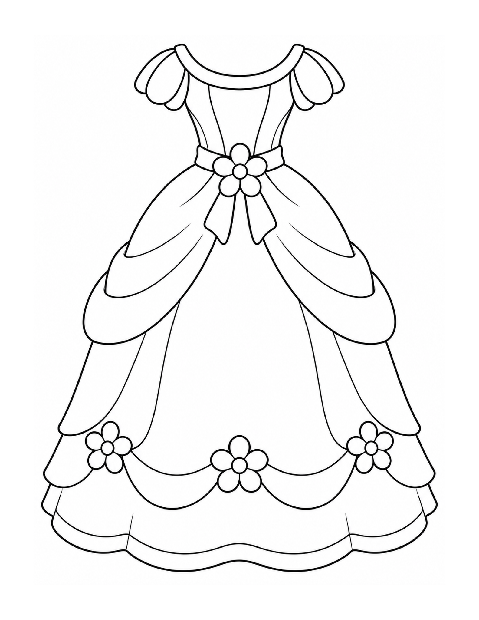 A soft princess gown with a gathered neckline, floral waist accents, and rounded petal-like layers.