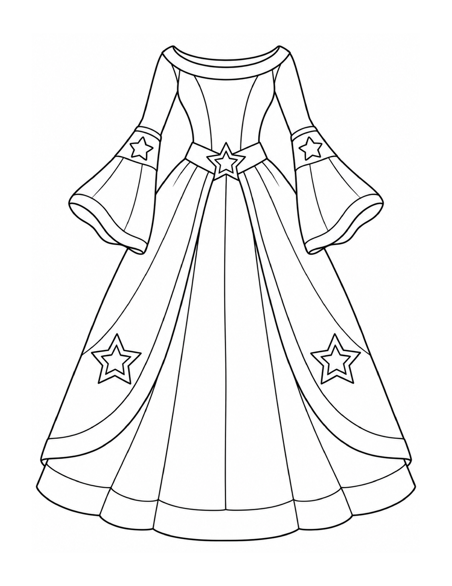 A long-sleeved princess dress with bell cuffs, flowing panels, and star details.