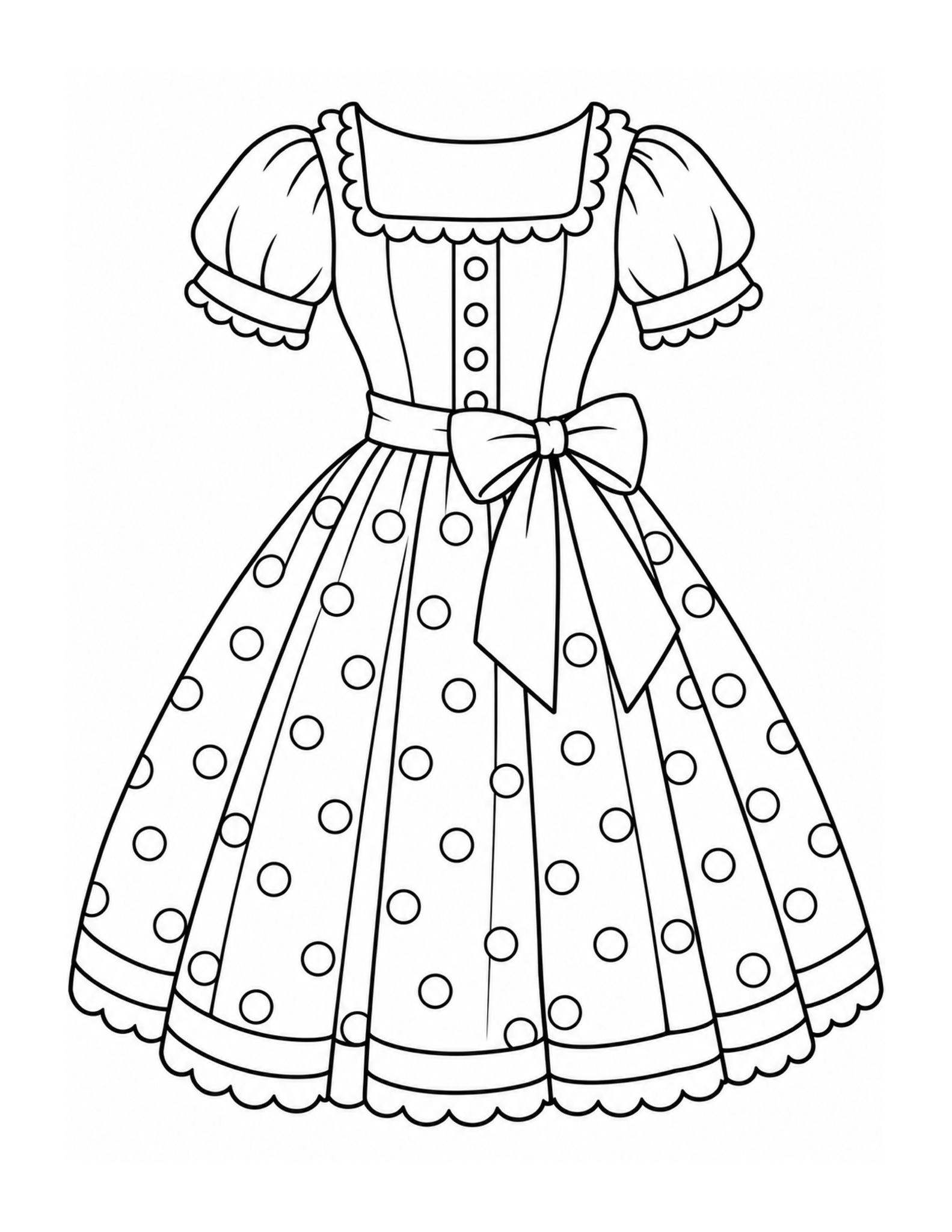Free printable vintage polka-dot dress with square collar, puff sleeves, button front, and large waist bow coloring page