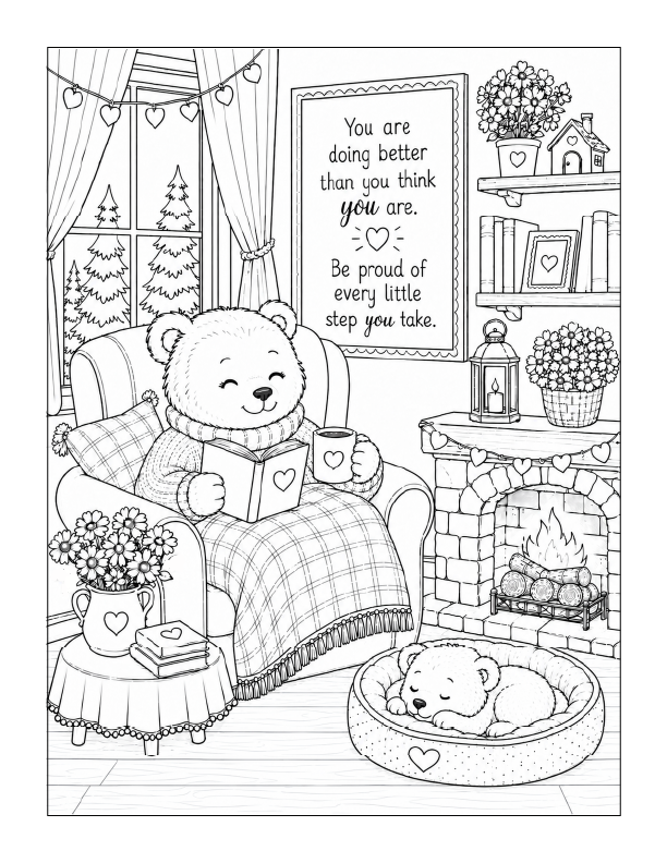 Free printable cozy bear reading nook coloring page