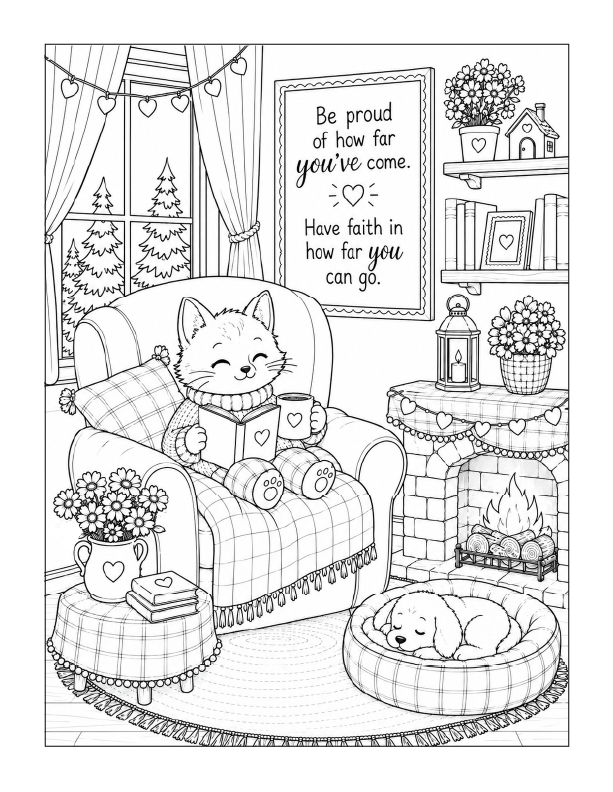Free printable cozy fox reading by the fireplace coloring page