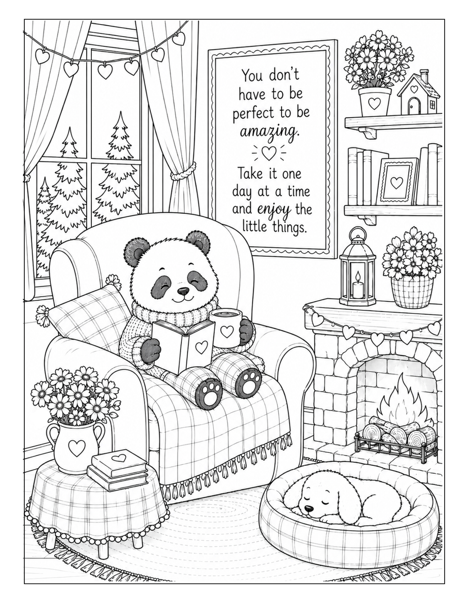 Free printable cozy pandas fireside reading nook coloring page