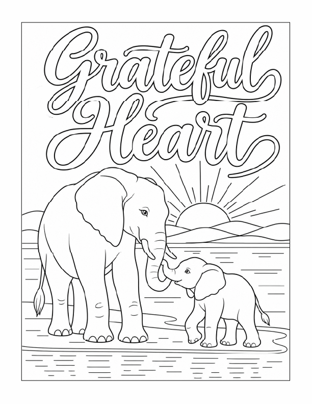 Free printable grateful heart elephant sunrise coloring page