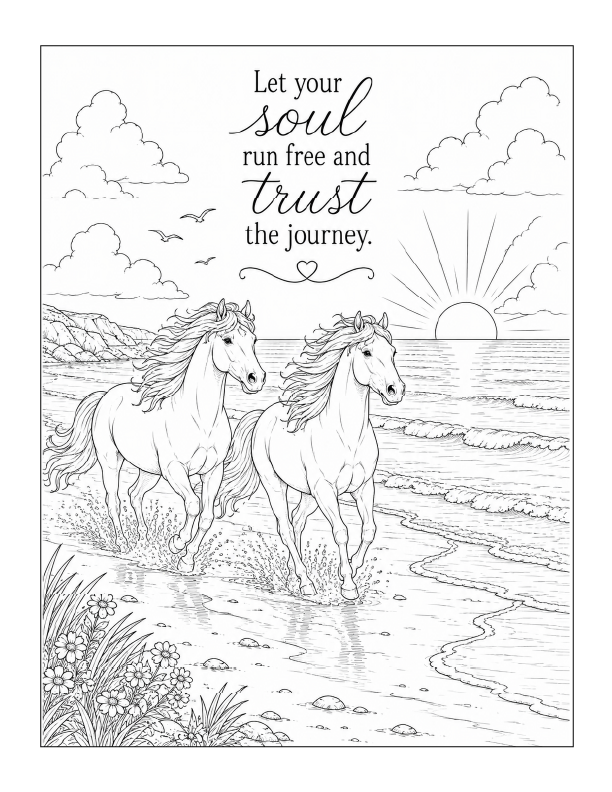 Free printable wild horses on the beach coloring page