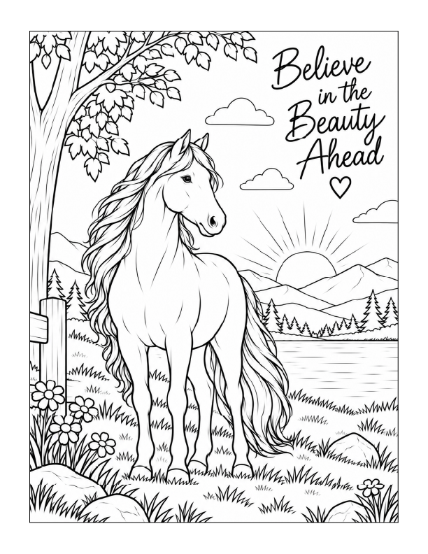 Free printable inspirational horse coloring page with the quote Believe in the Beauty Ahead and a peaceful mountain lake scene