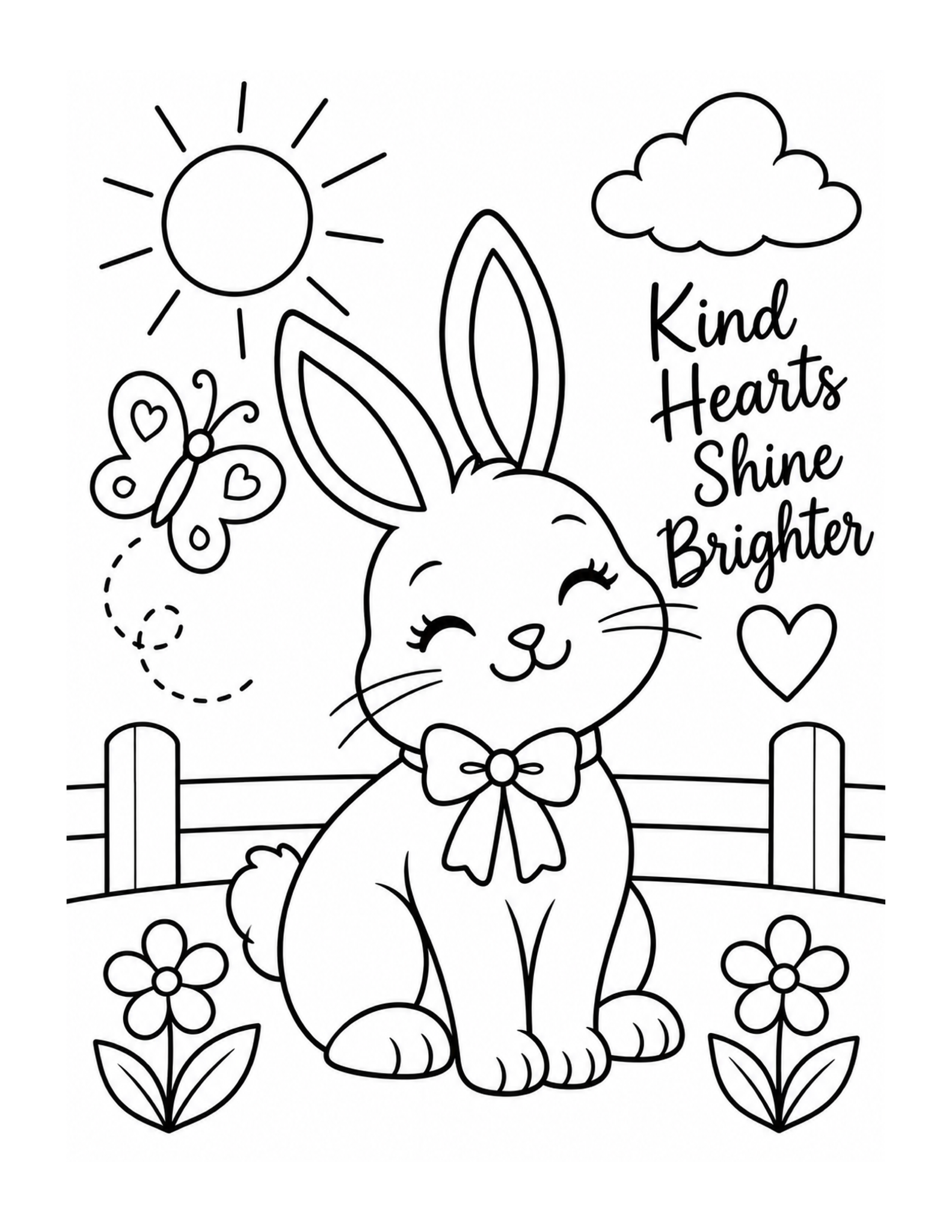 A bunny sits in a little flower garden beneath Kind Hearts Shine Brighter.