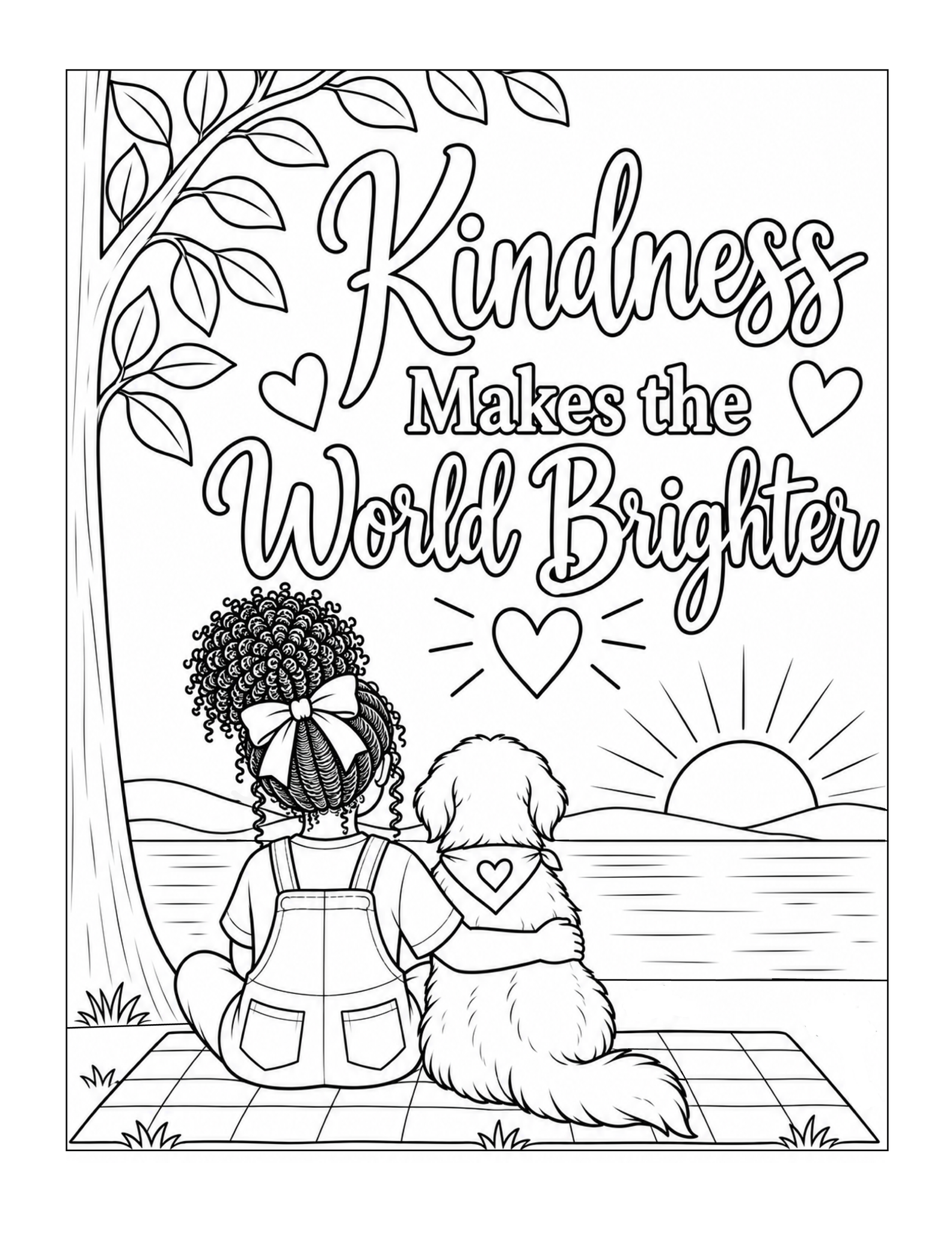A girl and her dog watch a sunrise beneath Kindness Makes the World Brighter lettering.