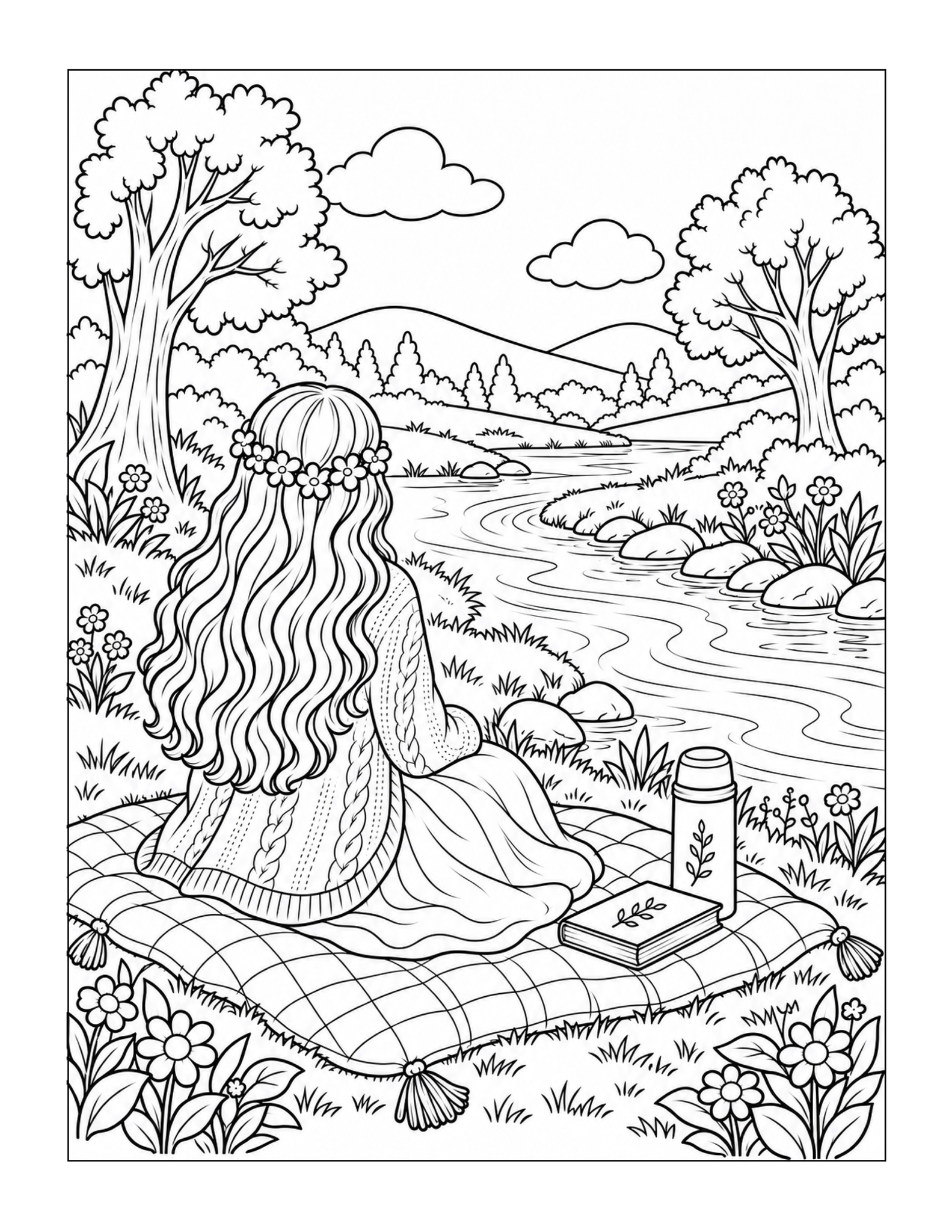 Free printable cozy afternoon relaxing on the river coloring page