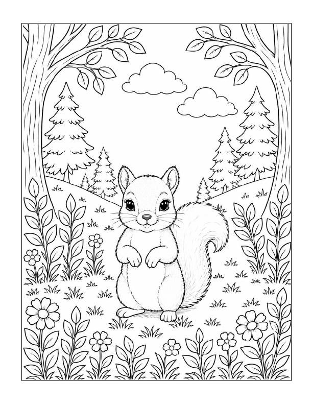 Free printable cute squirrel in the forest coloring page