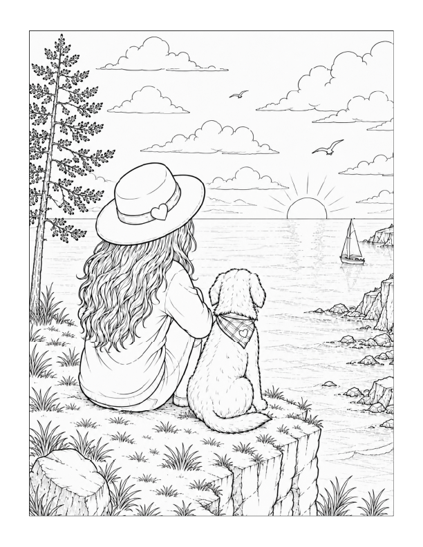 Free printable girl and dog overlooking the sunset sea coloring page