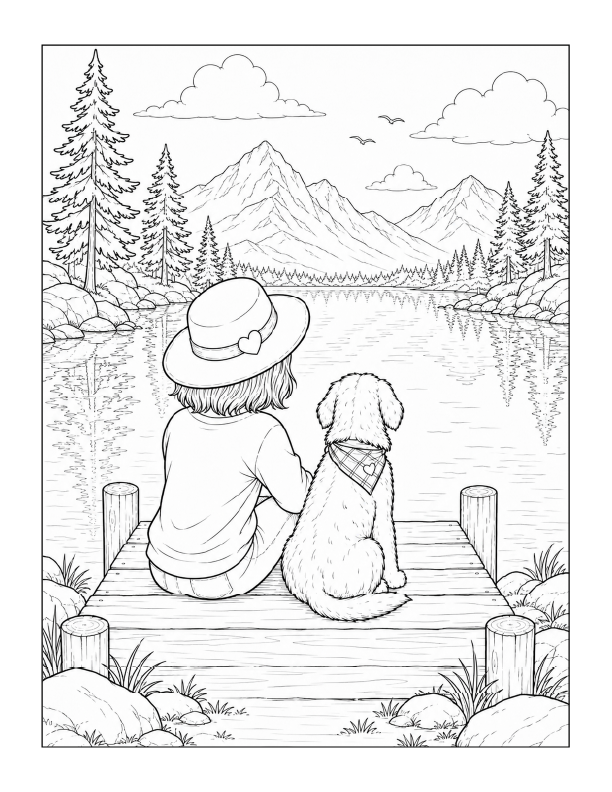 Free printable girl and dog sitting on a dock by the lake coloring page