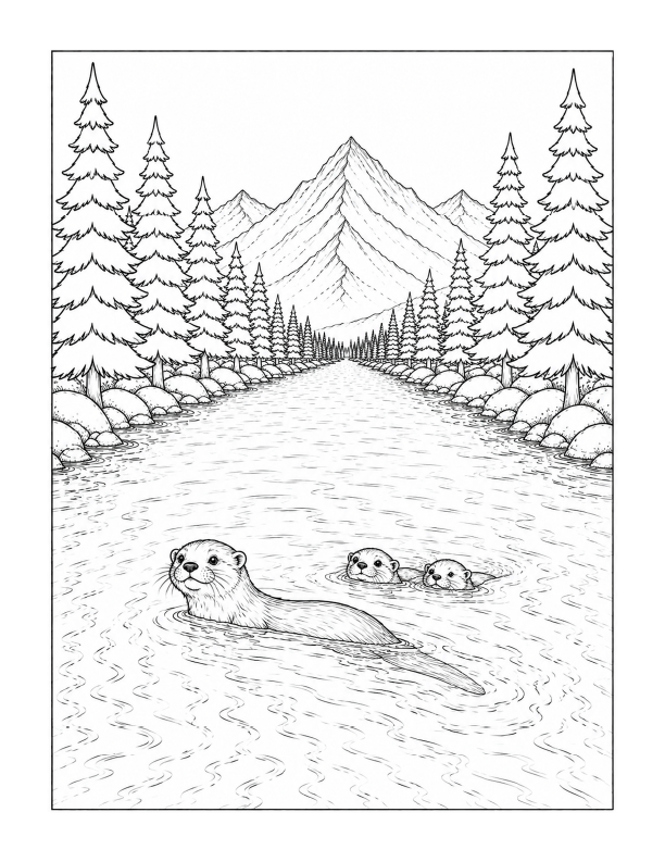 Free printable otter family swimming in the river coloring page