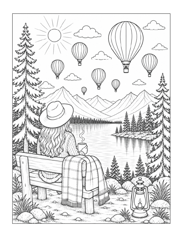 Free printable hot air balloons over the lake coloring page