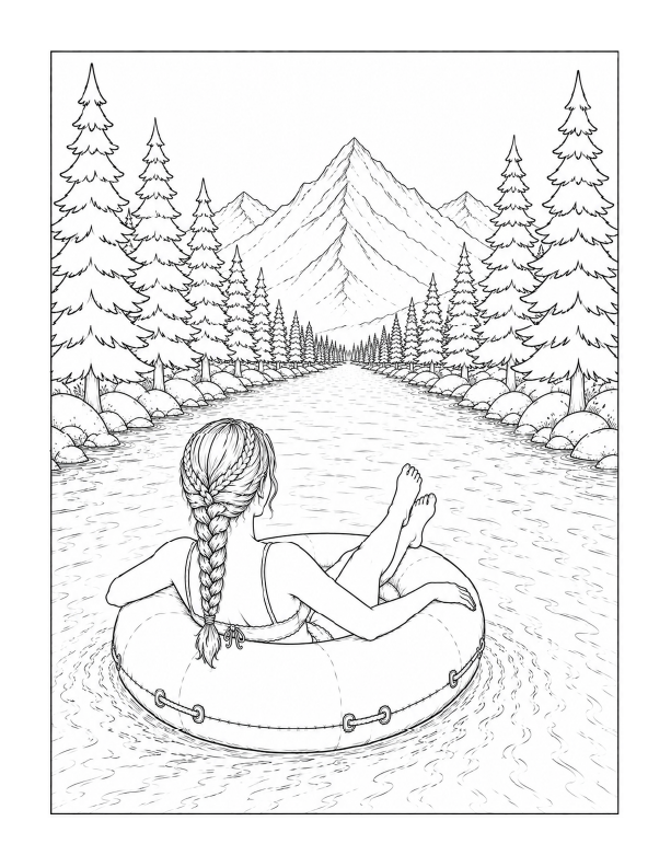 Free printable tubing down the river coloring page