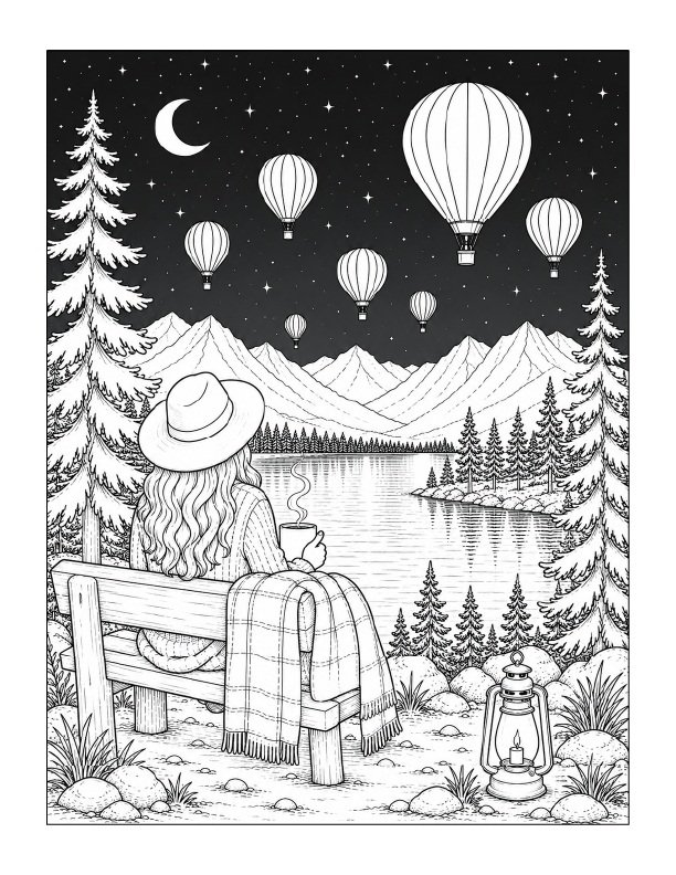 Free printable hot air balloons at night coloring page