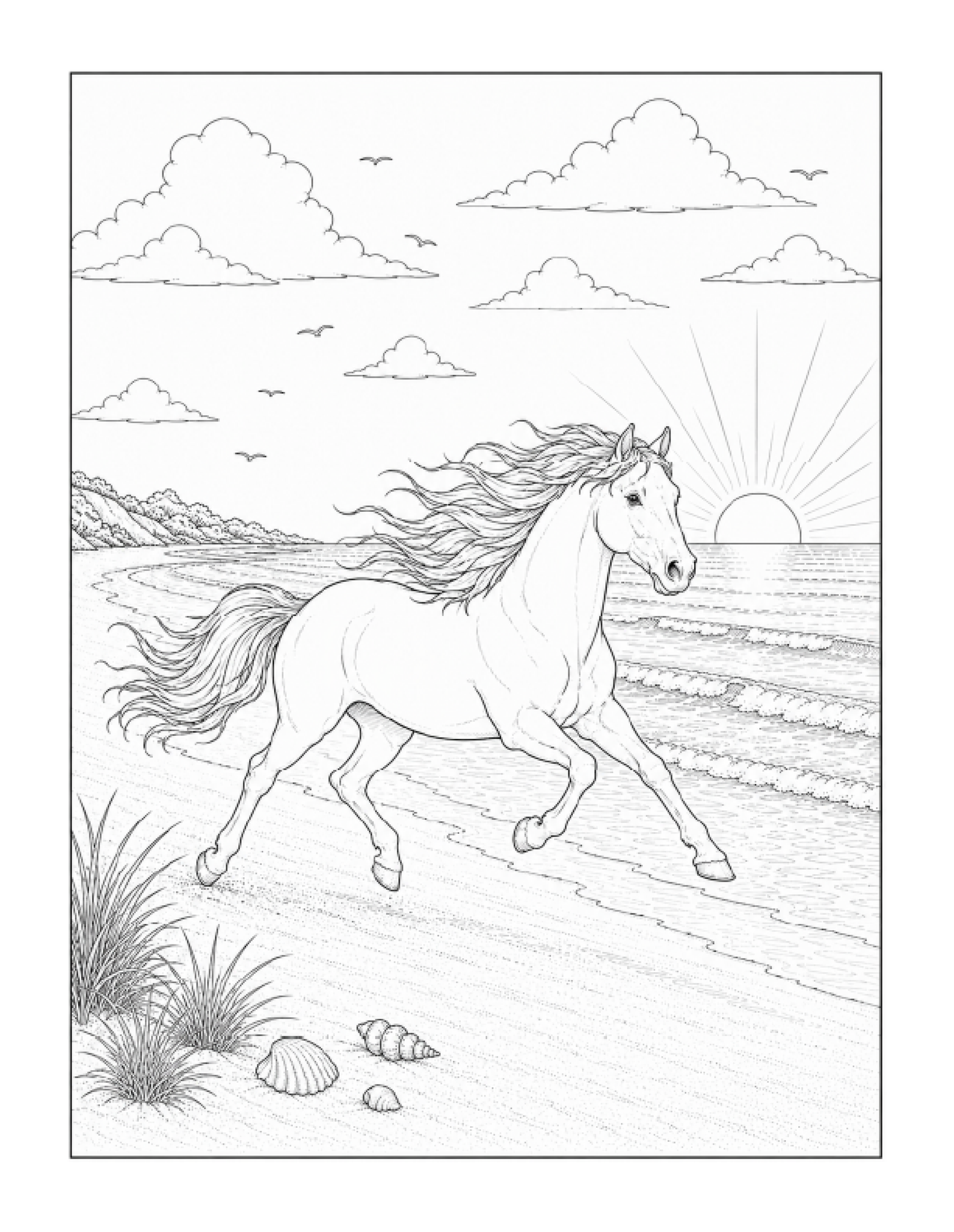 Free printable wild horse running on the beach coloring page
