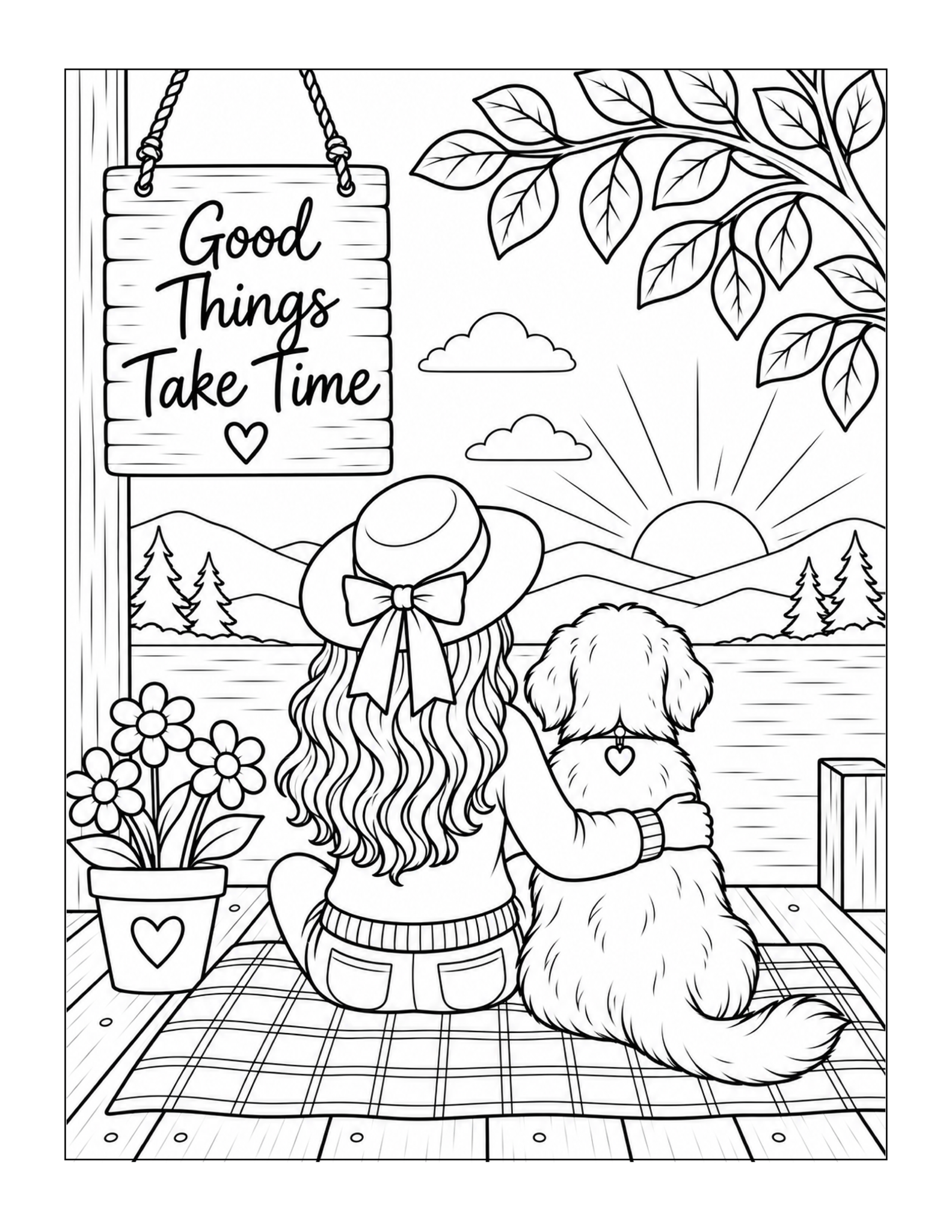 Free printable Good Things Take Time inspiring nature scene coloring page