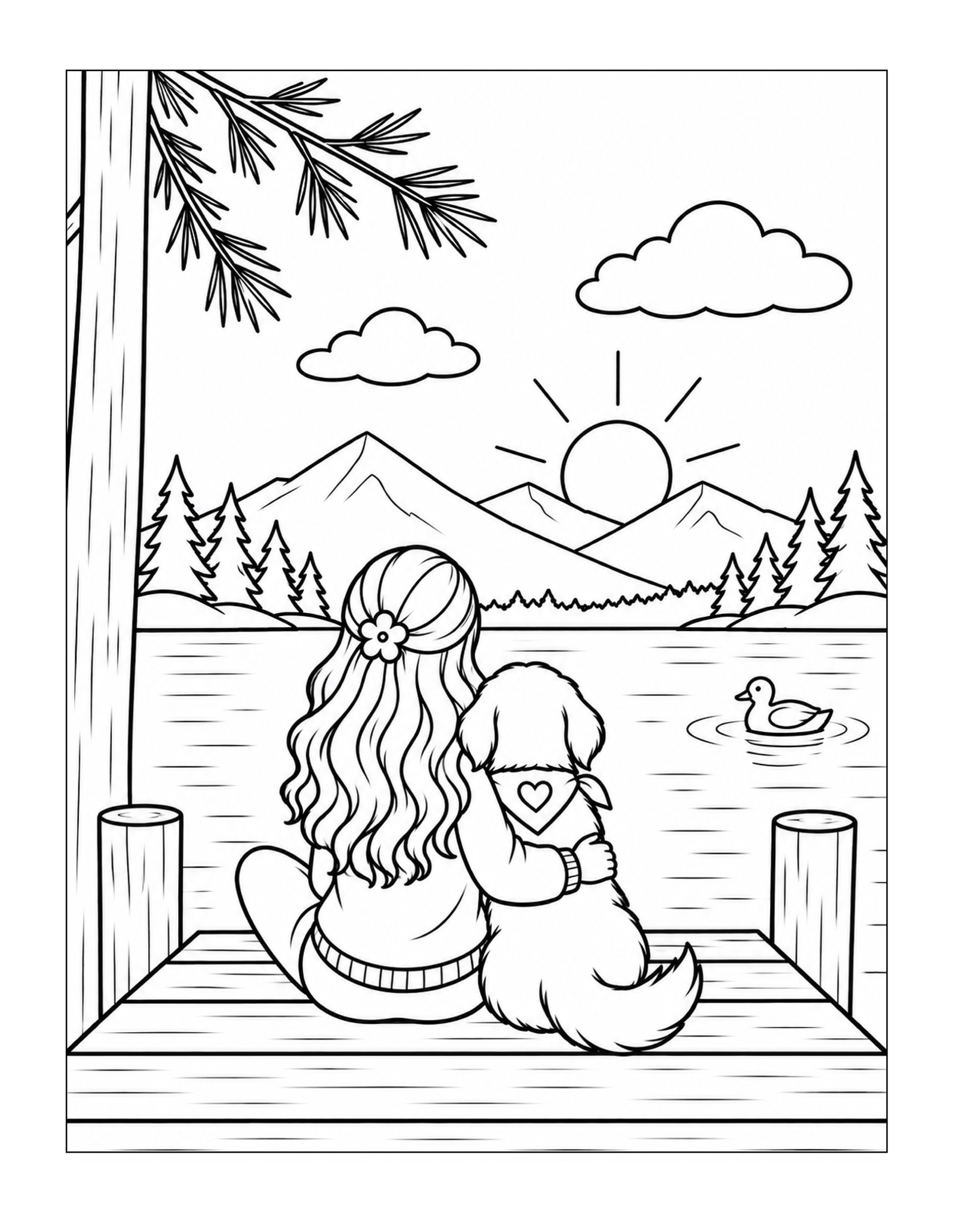 A girl and her dog sit together on a dock watching the lake at sunset.