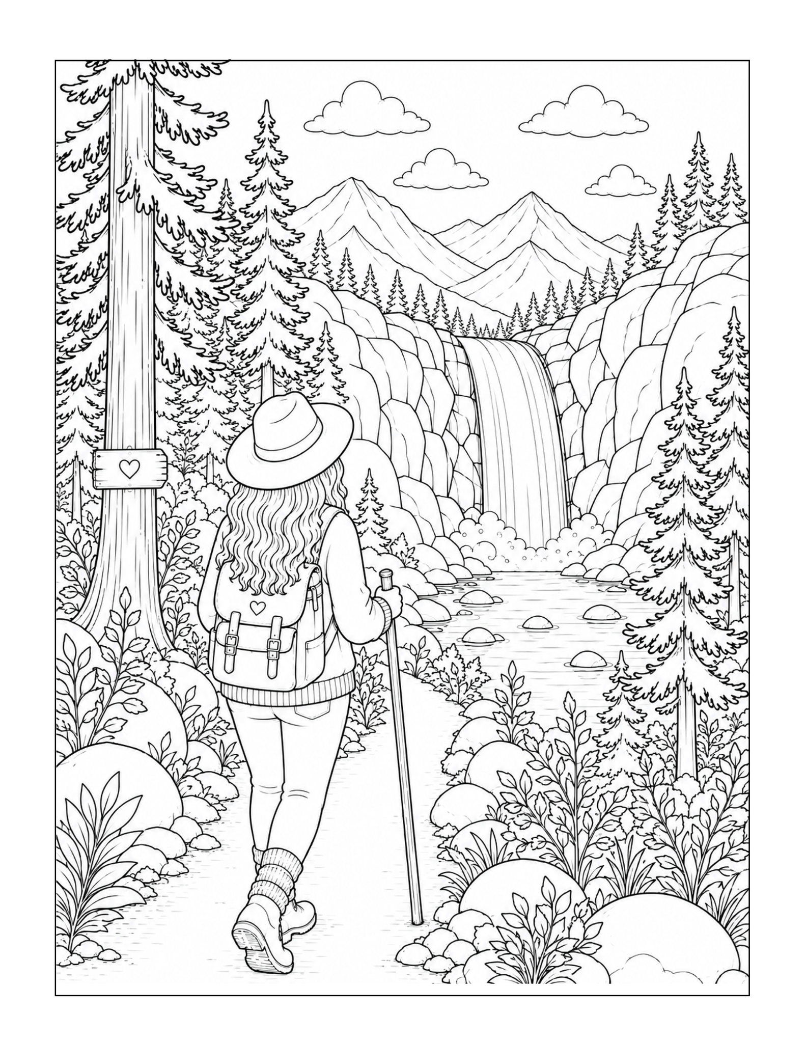 Free printable nature girl waterfall hike coloring page