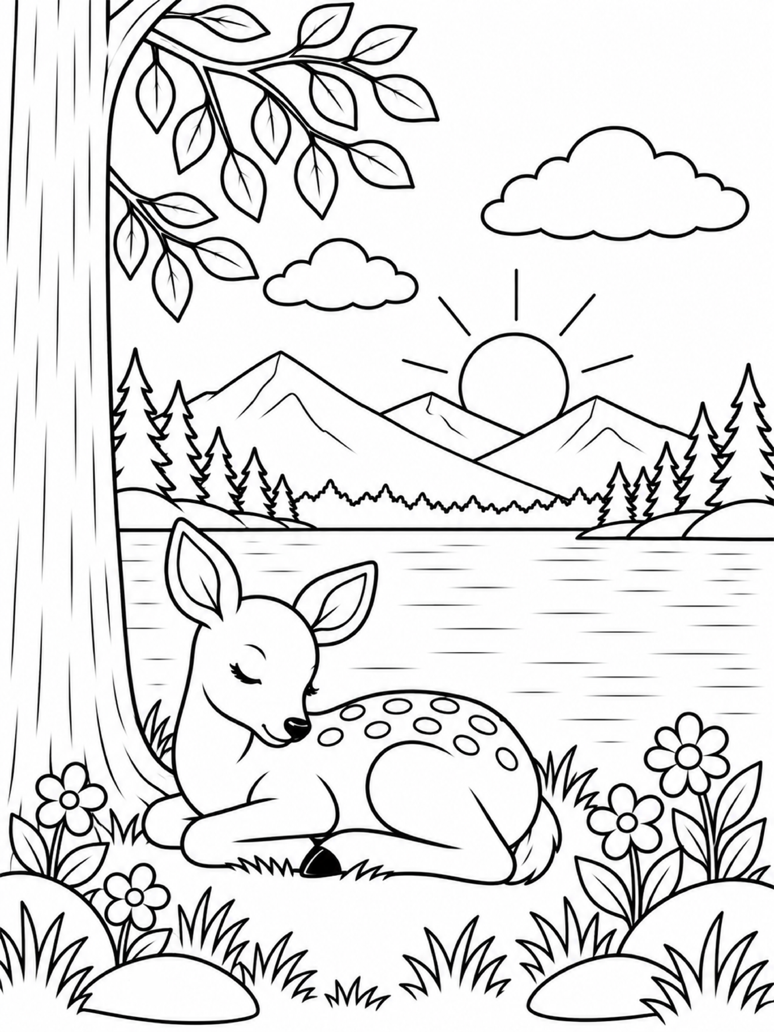 A sleeping fawn rests among flowers beside a lake beneath leafy branches.
