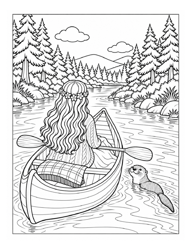 Free printable summer canoe trip on a pretty river coloring page with a girl paddling through a pine forest beside an otter friend