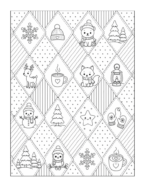 Free printable cozy kawaii winter quilt coloring page