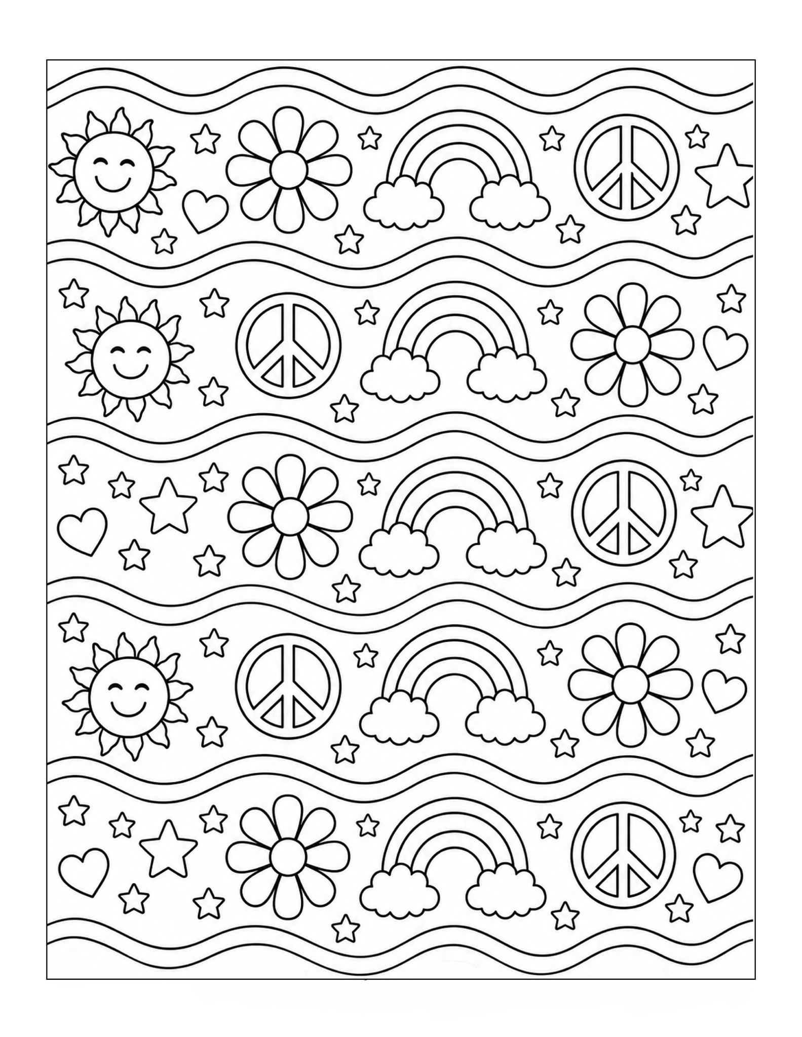 Free printable retro hippie icons wavy pattern coloring page